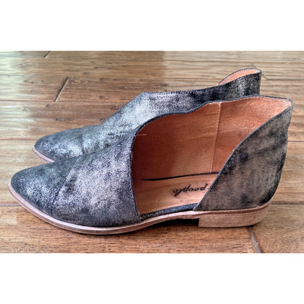 Free People Royale Leather Flats Metallic Black Onyx Silver Size 36 US 6